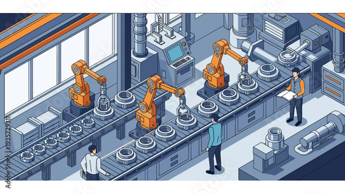 Industrial factory assembly line uses automated robotic arms and human supervisors to ensure efficient manufacturing in a clean workspace.