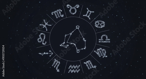 Astrology Zodiac Wheel with Constellations and Symbols.