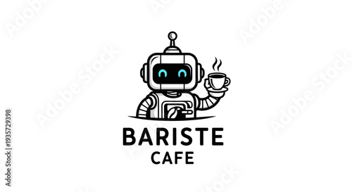 Friendly Robot Barista Serving Hot Coffee in Modern Cafe Logo Illustration