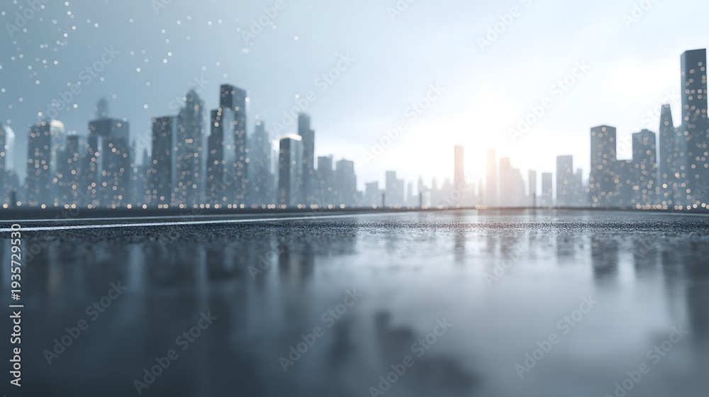Obraz premium A serene cityscape on a snowy day skyscrapers reflecting off the wet ground