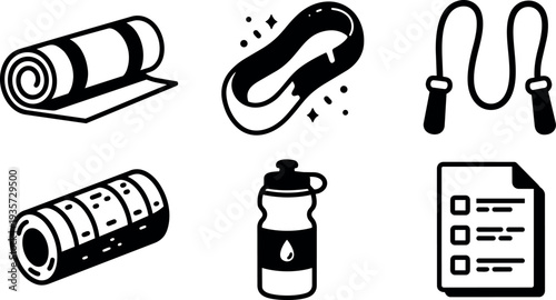 Flat design fitness equipment icon set with rolled mat foam roller resistance band jump rope water bottle and checklist overview