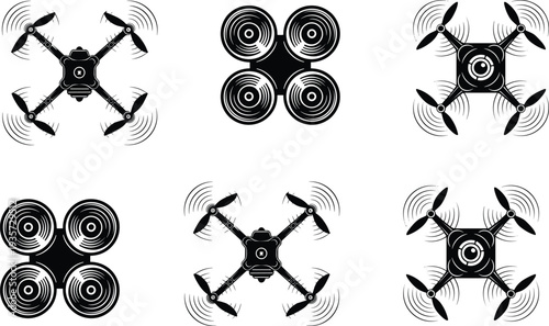Drone quadcopter silhouettes set, aerial UAV technology icons, flying camera device collection, propeller rotor top view, black vector illustration isolated