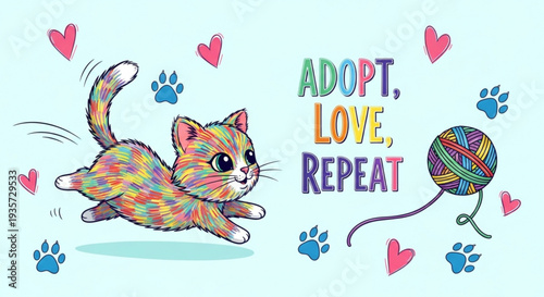 Colorful cat playing with yarn ball surrounded by hearts and paw prints adopt love repeat message