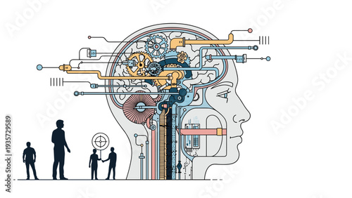 Internal mechanical gears and complex circuitry inside a human head silhouette represent artificial intelligence and deep analytical thinking.