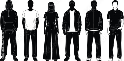 Casual fashion silhouettes, hoodie, t-shirt, wide pants, jacket, polo shirt, streetwear style, modern clothing, outfit illustration, apparel design