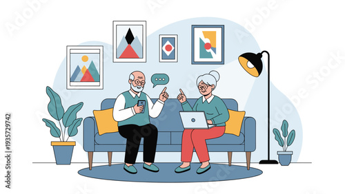 Senior couple sitting comfortably on a sofa at home using a laptop and smartphone to stay connected with family through modern technology.