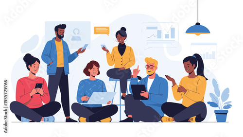 Group of diverse young adults sitting together in a modern workspace using mobile devices and digital tablets for social networking and work.