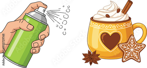 Hand Spraying Green Aerosol Can and Cozy Yellow Mug of Hot Cocoa with Whipped Cream, Cinnamon, and Gingerbread Star Vector Illustration
