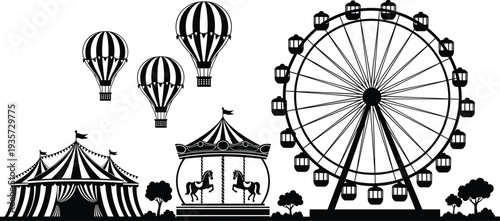 Carnival silhouette, Ferris wheel, carousel horses, circus tent, hot air balloons, festive amusement, fairground rides, outdoor celebration, entertainment art