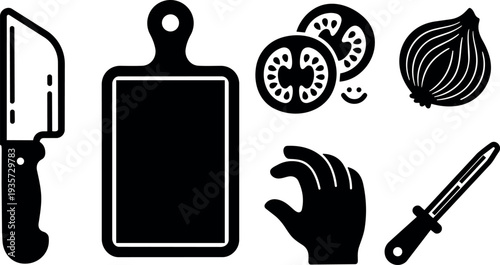 Flat design minimalist kitchen icon set cleaver cutting board tomato slices onion hand holding ingredient peeler utensils black silhouette icons