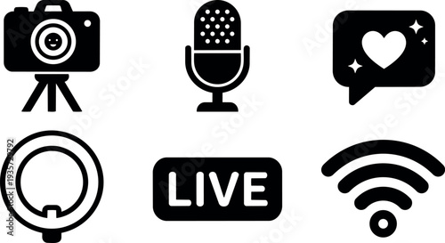 Minimalist flat design streaming icon set camera on tripod microphone live badge chat heart ring light wifi connection black silhouette