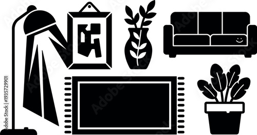 Flat design living room furniture icons set with floor lamp rug sofa potted plants framed art close up view minimalist