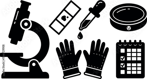 Flat vector lab equipment icons set microscope gloves dropper petri dish test strip checklist top view simple silhouette black isolated