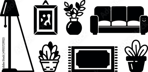Flat design living room icon set close up sofa lamp rug plant framed art potted greenery modern minimalist black vector