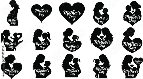 Mother’s Day silhouettes collection with mother and child, hearts and love symbols, motherhood celebration icons set for greeting cards, holiday designs, family parenting themes