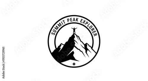 Mountain Peak Explorer Logo: Hiker on Summit, Adventure and Achievement Symbol