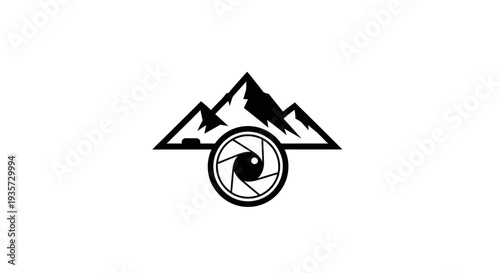 Mountain photography logo design with camera lens icon for outdoor adventure
