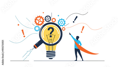 Superhero pointing towards a bright lightbulb viewed through a magnifying glass to illustrate successful innovation and creative solutions.