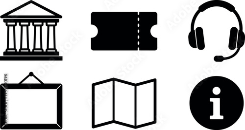 Flat design minimalist black icon set displaying museum ticket headset picture frame folded map and information symbol on white background