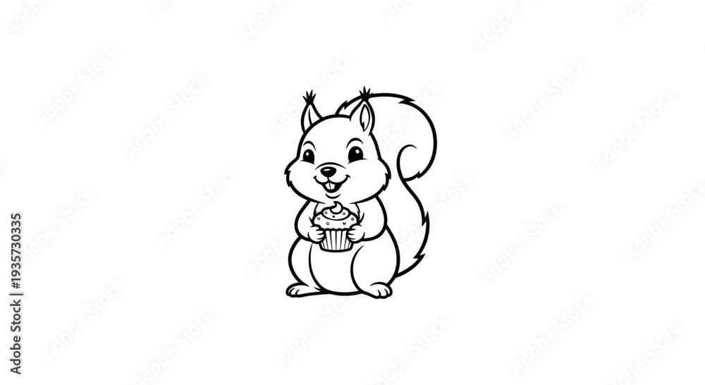 Fototapeta premium Smiling cartoon squirrel holding a delicious cupcake, isolated black and white line art drawing for coloring