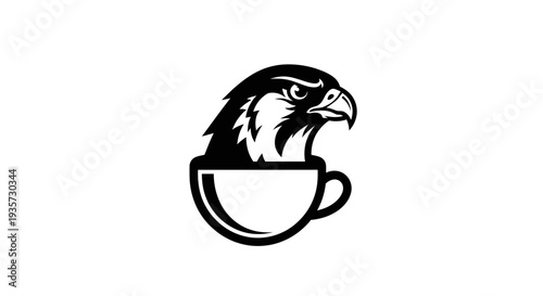 Strong Hawk Head in Coffee Cup Logo Design - Minimalist Black and White Illustration