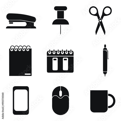 Black and white of office supplies and devices including stapler scissors notebook calendar pen smartphone computer mouse and coffee mug