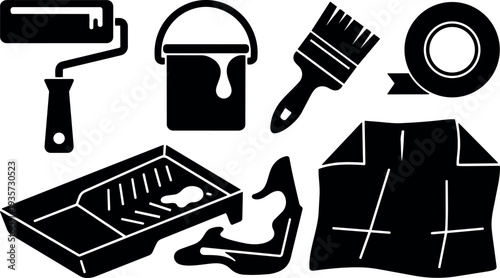 Close up silhouette set of painting tools roller brush paint can tray tape and drop cloth arranged on white background