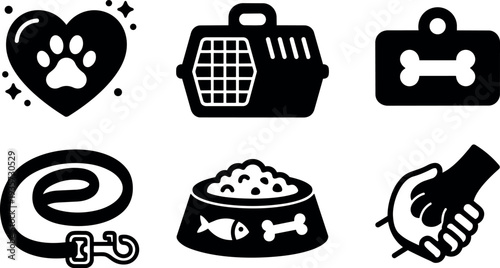 Flat design pet care icons set showing paw heart carrier tag leash bowl and handshake silhouettes on white background simple