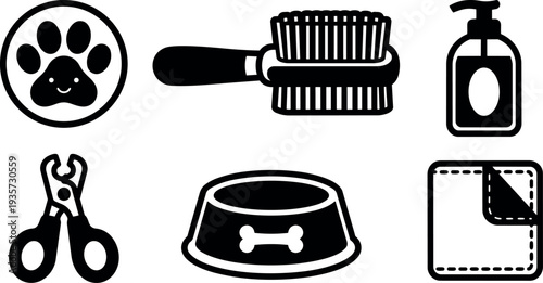 Flat design pet grooming icon set with paw brush shampoo clippers bowl cloth close up top view black silhouette simple