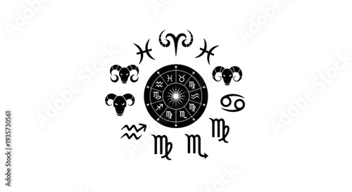 Astrology zodiac wheel with symbols and constellations.