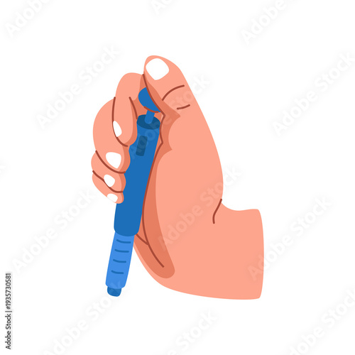 Human hand firmly grasping a blue instrument designed for precision liquid handling