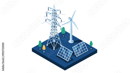 Isometric view of sustainable energy infrastructure including a high voltage power tower wind turbine and solar panels on a dark background.