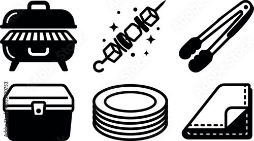 Flat vector barbecue icons set grill skewer tongs cooler plates picnic blanket simple black silhouette kitchen tools outdoor backyard party