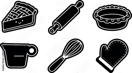 Sticker style black and white baking icon set slice smile rolling pin pie dish measuring cup whisk oven mitt vector
