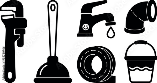 Flat design plumber tools set with wrench plunger faucet dripping elbow pipe coiled hose and bucket in silhouette style icons