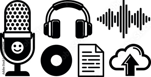 Flat design close up smiling microphone headphones waveform disc document cloud upload podcast recording icon set in black minimal vector