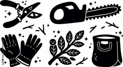 Flat design bold garden tool icons pruning shears chainsaw protective gloves leafy branch and garden bag on white background clean