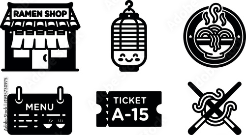 Flat design icons set ramen shop lantern bowl of noodles menu ticket crossed chopsticks close up simple monochrome vector illustration