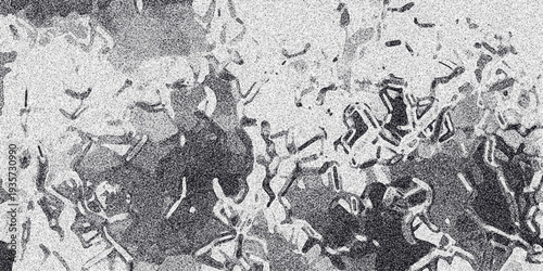 Abstract monochrome textured background with organic shapes and granular noise effect creating a distressed artistic pattern for graphic design and digital art applications