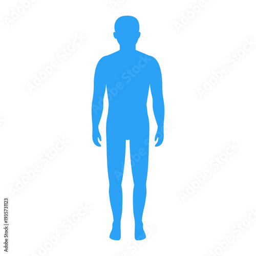 Solid blue silhouette shape representing a standing adult male figure against a white background