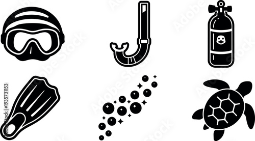 Flat design scuba diving icon set showing mask snorkel tank fins bubbles and sea turtle in simple black vector silhouette