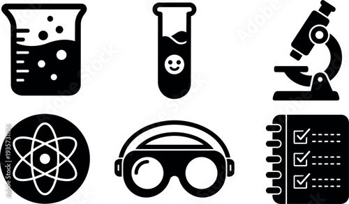 Minimalist vector science icon set beaker test tube microscope atom safety goggles checklist flat design black laboratory equipment lineart isolated