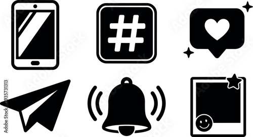 Flat design monochrome social media icon set phone hashtag heart paper plane bell photo badge on white minimalist simple background