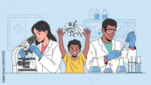 Two scientists in a laboratory conducting research with a microscope and pipette while a young boy observes with curiosity and excitement.