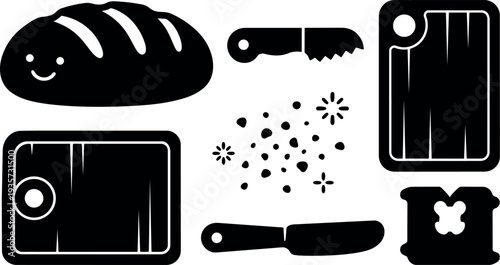Flat vector kitchen icons sliced loaf of bread with smiling face knife and cutting board vintage wood texture close up