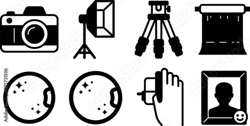 Flat design bold black photography equipment icons camera softbox tripod backdrop reflectors hand pressing shutter portrait frame studio set minimal