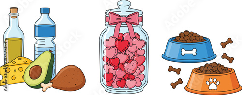 Healthy Keto Diet Food Icons with Avocado, Cheese, Chicken, Heart Filled Gift Jar, and Pet Food Bowls with Dog Bones Vector Illustration Set