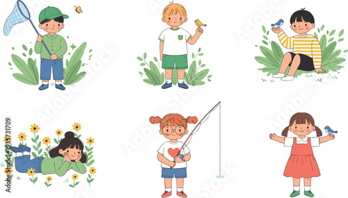 Cute children exploring nature cartoon vector illustration set with kids birdwatching fishing and playing outdoors