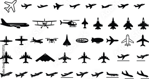Airplane aircraft silhouette icon set including passenger jet fighter helicopter drone airship aviation transport symbols isolated vector collection for travel transportation design