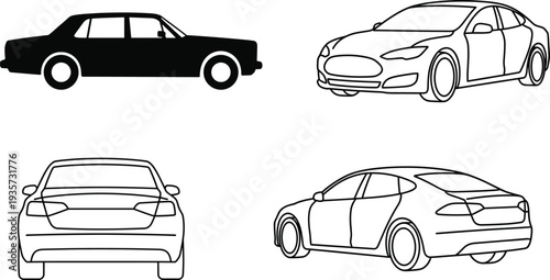 Car vector set featuring sedan silhouette and outline vehicles in multiple views front side rear modern automobile line art collection isolated transportation design